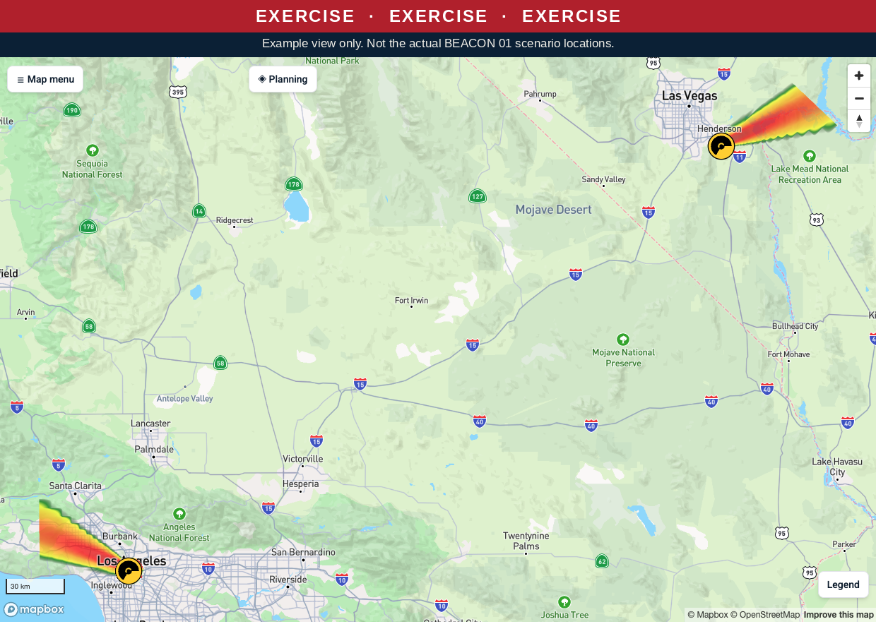 RadTeamSim event map showing two simulated radiological dispersal device releases in separate regions, each with its own plume and release point.