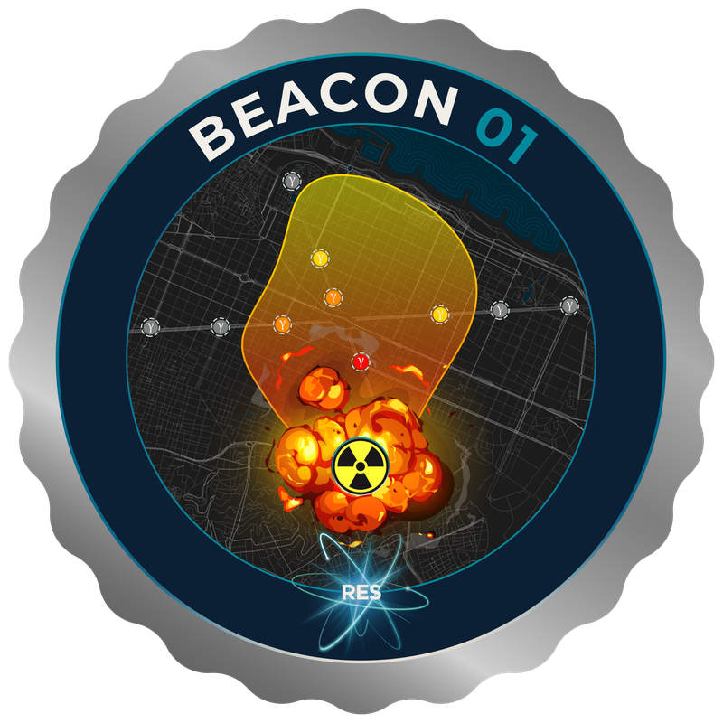 BEACON 01 mission patch: a gamma survey track crossing a plume over a city map, with the Radiation Emergency Services atom mark